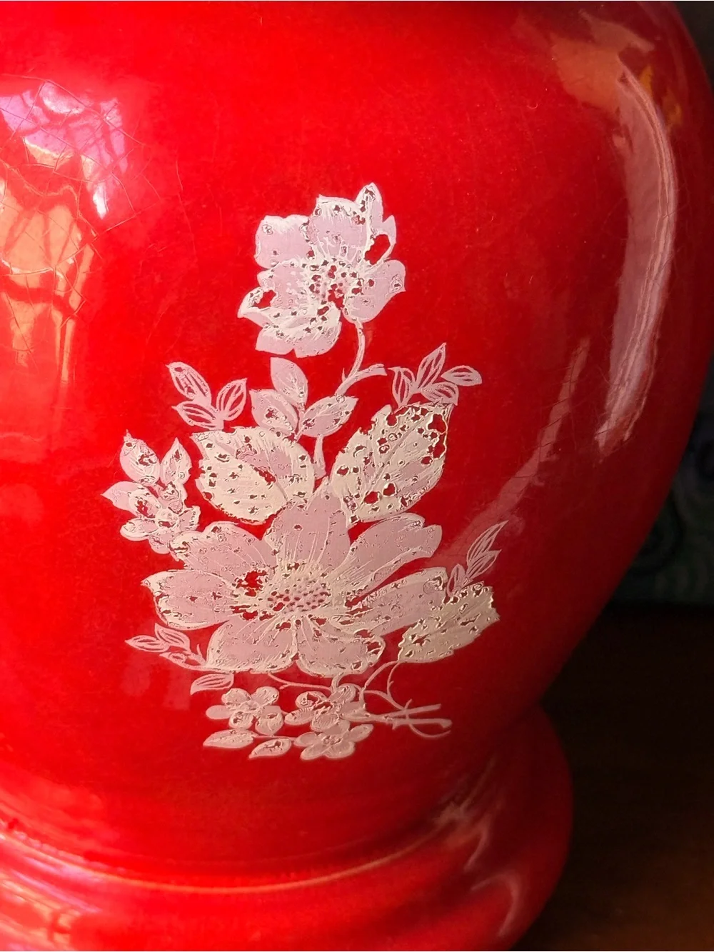 Vintage Red Floral Ceramic Ginger Jar - Decorative Home Accent